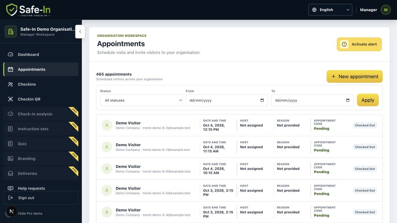 The Safe-In appointments overview showing scheduled visitors, filters and visit status.