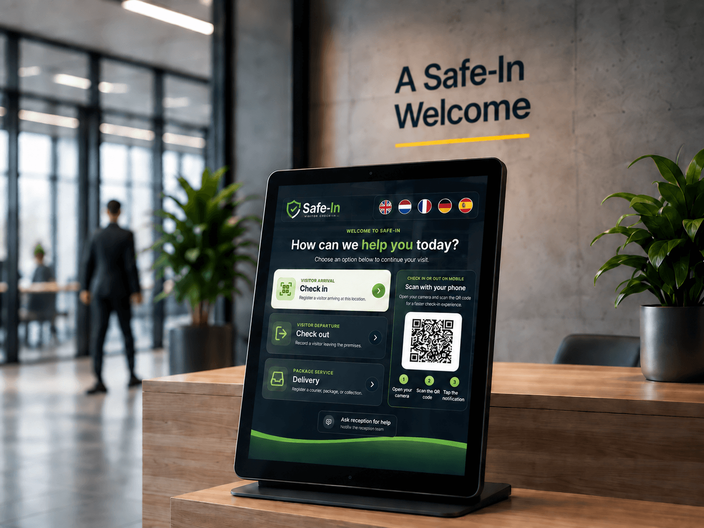 A reception terminal showing the Safe-In visitor portal ready for check-in, check-out and deliveries.